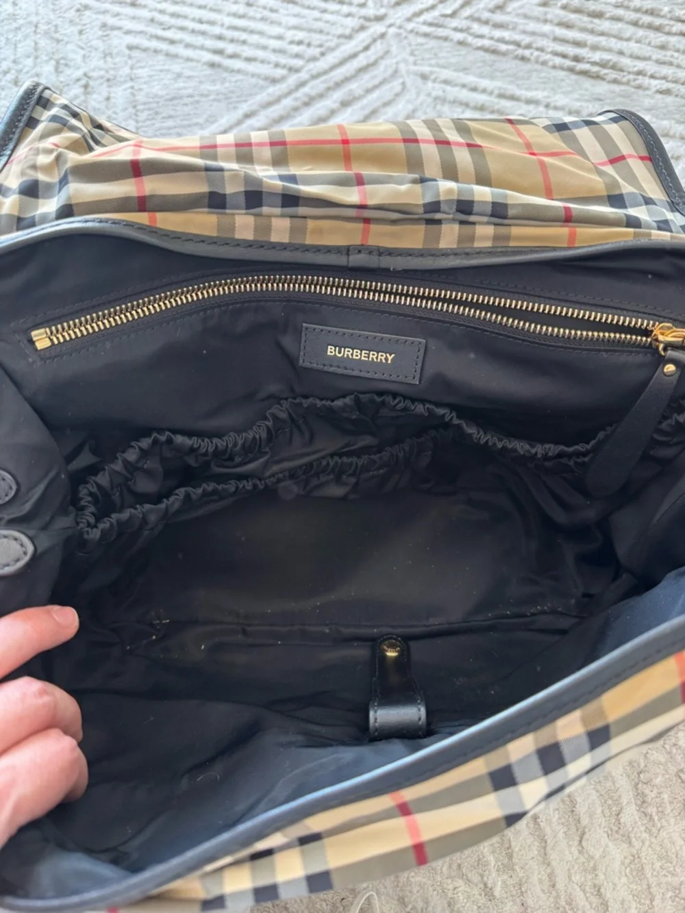 Burberry Beige Check Messenger Bag with Black Trim and Red Accent